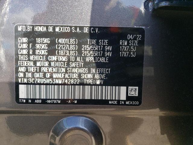 3CZRU5H53NM742822 - 2022 HONDA HR-V EX GRAY photo 13