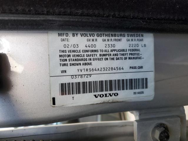 YV1RS64A232284564 - 2003 VOLVO S60 SILVER photo 12