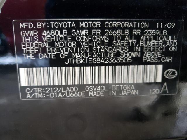 JTHBK1EG8A2363505 - 2010 LEXUS ES 350 BLACK photo 12