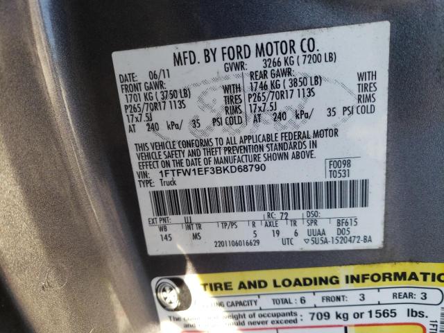 1FTFW1EF3BKD68790 - 2011 FORD F150 SUPERCREW GRAY photo 12