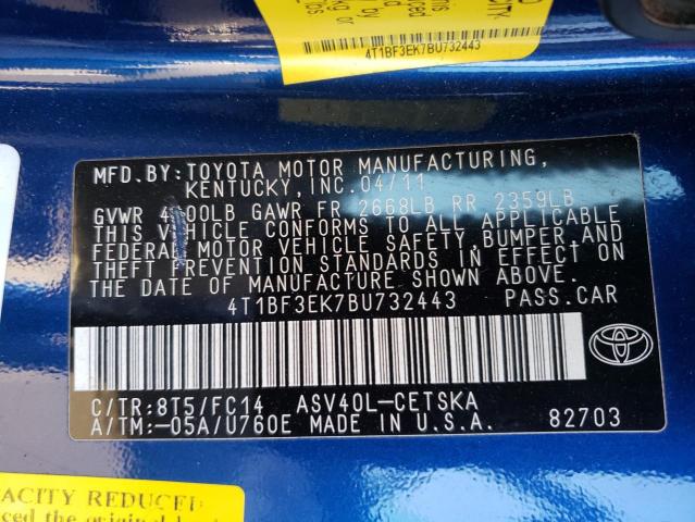 4T1BF3EK7BU732443 - 2011 TOYOTA CAMRY BASE BLUE photo 12