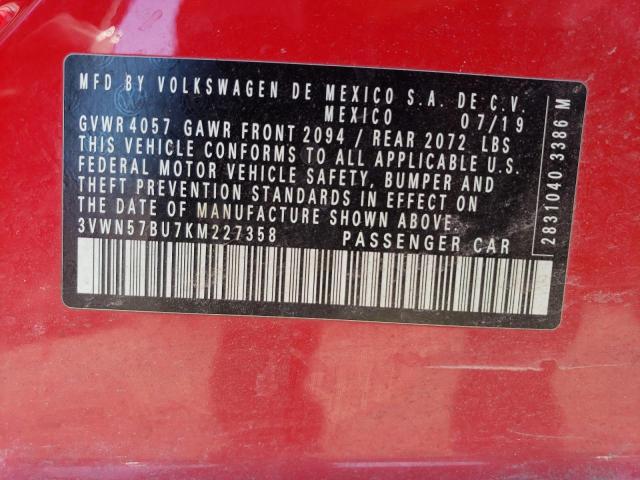 3VWN57BU7KM227358 - 2019 VOLKSWAGEN JETTA S RED photo 12