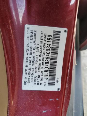 JHLRD78884C034189 - 2004 HONDA CR-V EX BURGUNDY photo 13