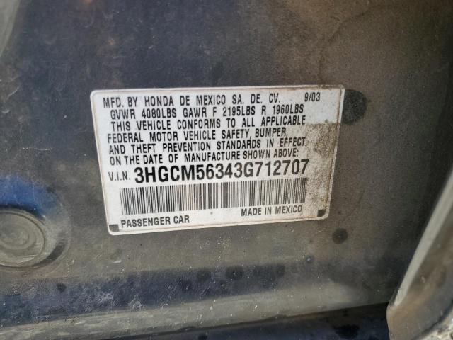 3HGCM56343G712707 - 2003 HONDA ACCORD LX CHARCOAL photo 12