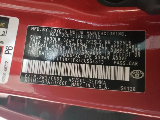 4T1BF1FK4CU554513 - 2012 TOYOTA CAMRY BASE RED photo 12