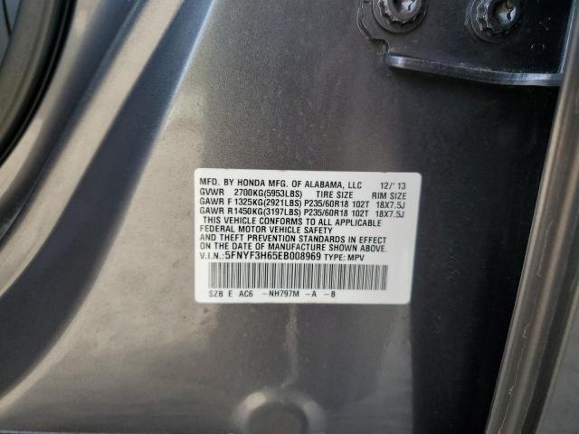 5FNYF3H65EB008969 - 2014 HONDA PILOT EXL GRAY photo 12