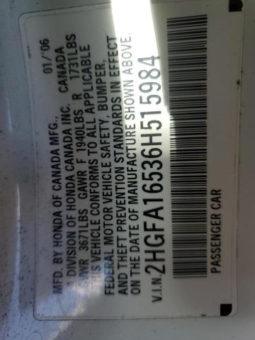 2HGFA16536H515984 - 2006 HONDA CIVIC LX WHITE photo 12