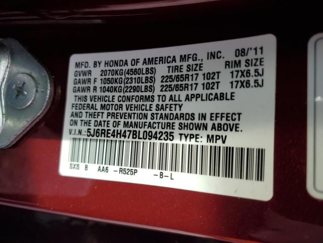 5J6RE4H47BL094235 - 2011 HONDA CR-V SE RED photo 12