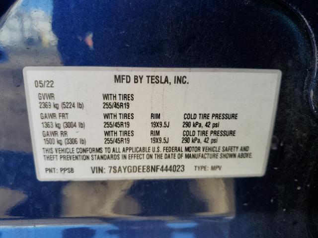 7SAYGDEE8NF444023 - 2022 TESLA MODEL Y BLUE photo 13