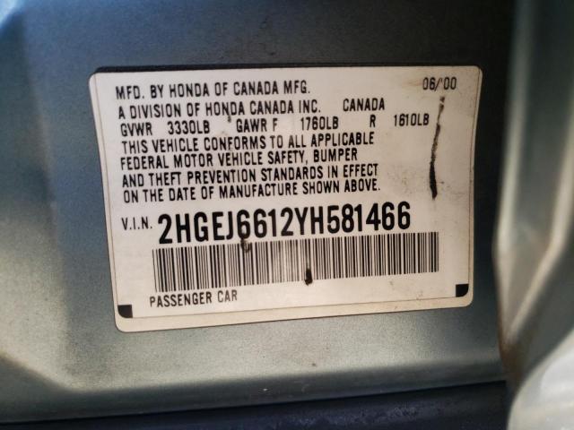 2HGEJ6612YH581466 - 2000 HONDA CIVIC BASE 青绿色 照片 12