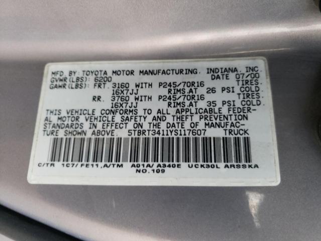 5TBRT3411YS117607 - 2000 TOYOTA TUNDRA ACCESS CAB ნაცრისფერი ფოტო 12