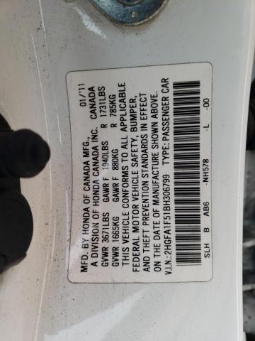 2HGFA1F51BH306799 - 2011 HONDA CIVIC LX WHITE photo 13