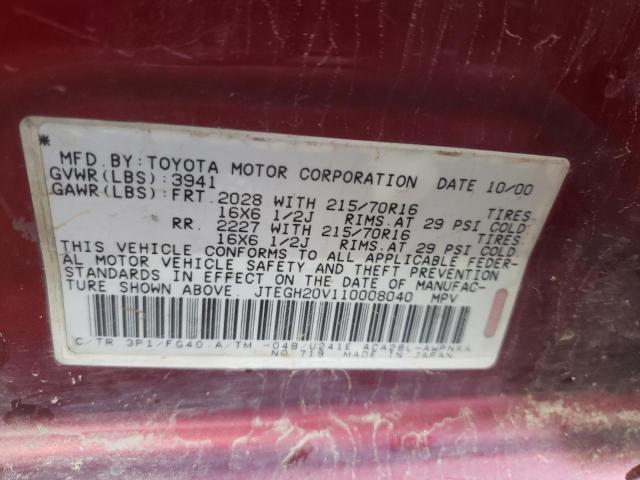 JTEGH20V110008040 - 2001 TOYOTA RAV4 RED photo 12