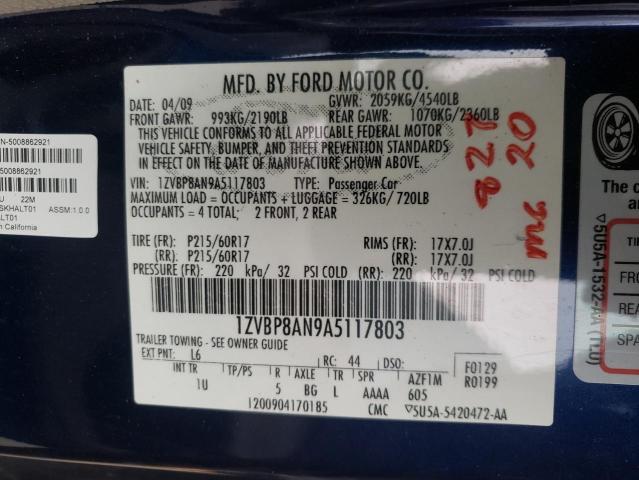 1ZVBP8AN9A5117803 - 2010 FORD MUSTANG BLUE photo 12