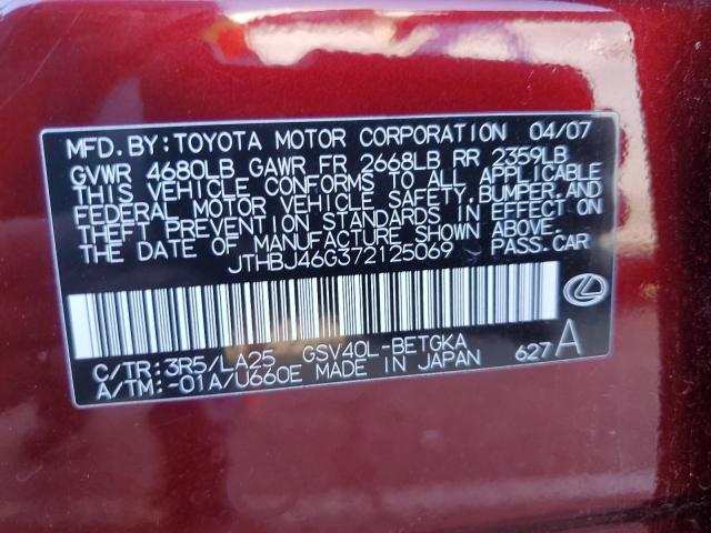 JTHBJ46G372125069 - 2007 LEXUS ES 350 BURGUNDY photo 12