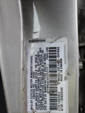 2T1KR32E43C037717 - 2003 TOYOTA COROLLA MA XR SILVER photo 12