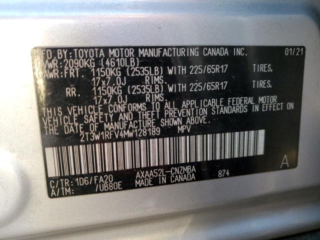 2T3W1RFV4MW128189 - 2021 TOYOTA RAV4 XLE SILVER photo 12