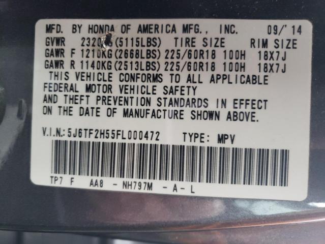 5J6TF2H55FL000472 - 2015 HONDA CROSSTOUR EXL ნაცრისფერი ფოტო 12