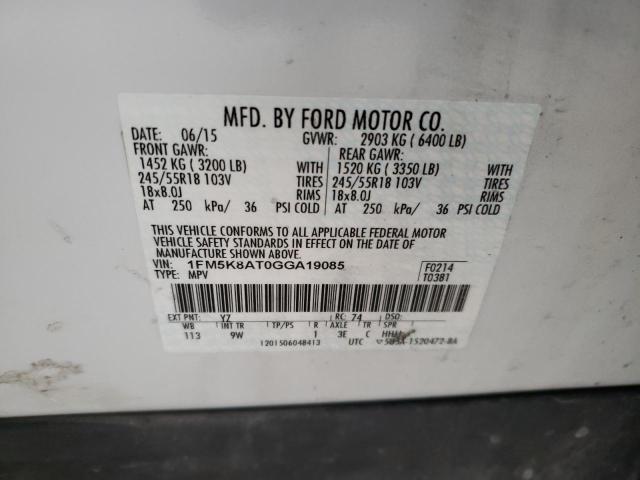 1FM5K8AT0GGA19085 - 2016 FORD EXPLORER POLICE INTERCEPTOR Սպիտակ լուսանկար 13