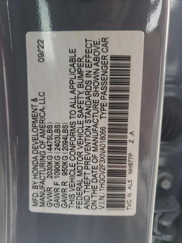 1HGCV2F3XNA018066 - 2022 HONDA ACCORD SPORT GRAY photo 13