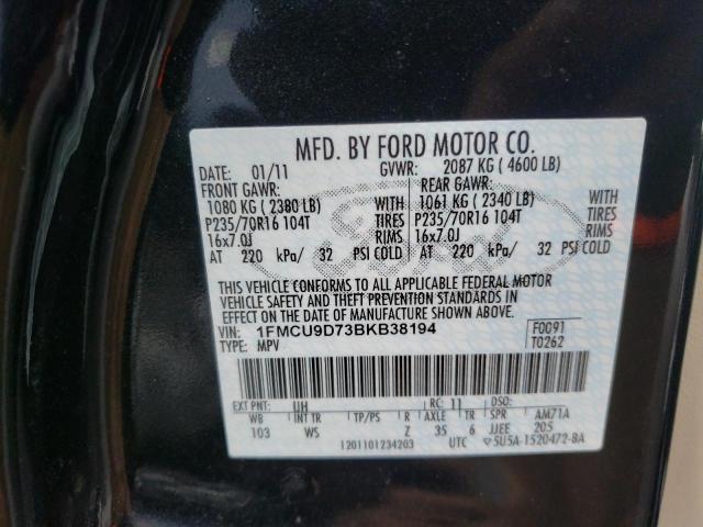 1FMCU9D73BKB38194 - 2011 FORD ESCAPE XLT BLACK photo 12