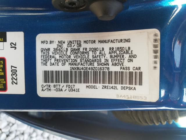 1NXBU40E49Z016378 - 2009 TOYOTA COROLLA BASE  photo 10