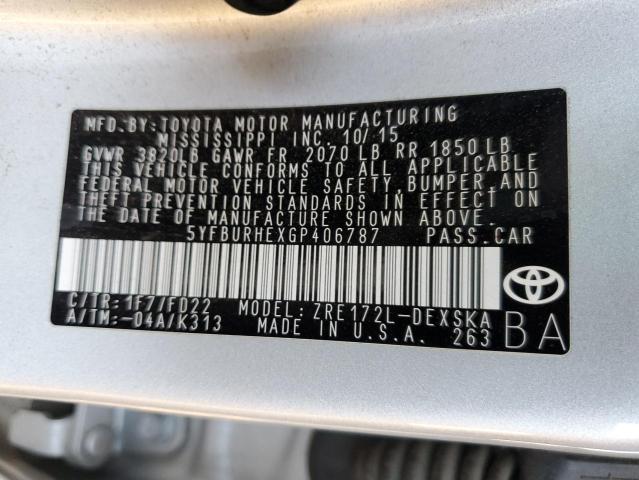 5YFBURHEXGP406787 - 2016 TOYOTA COROLLA L SILVER photo 12