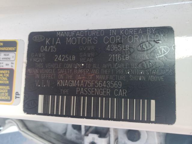 KNAGM4A75F5643569 - 2015 KIA OPTIMA LX WHITE photo 12