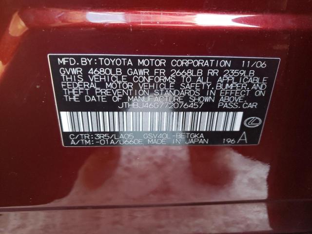 JTHBJ46G772076457 - 2007 LEXUS ES 350 BURGUNDY photo 12