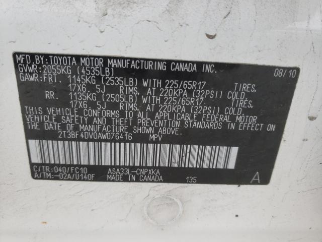 2T3BF4DV0AW076416 - 2010 TOYOTA RAV4 WHITE photo 12