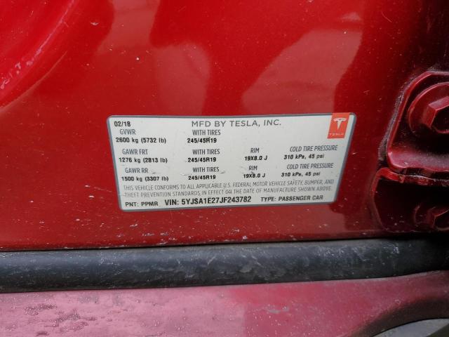 5YJSA1E27JF243782 - 2018 TESLA MODEL S წითელი ფოტო 12