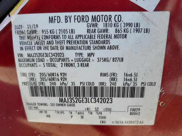 MAJ3S2GE3LC342023 - 2020 FORD ECOSPORT SE RED photo 12
