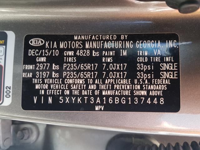 5XYKT3A16BG137448 - 2011 KIA SORENTO BASE  photo 10