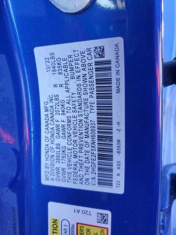 2HGFE2F5XNH606937 - 2022 HONDA CIVIC SPORT 蓝色 照片 13
