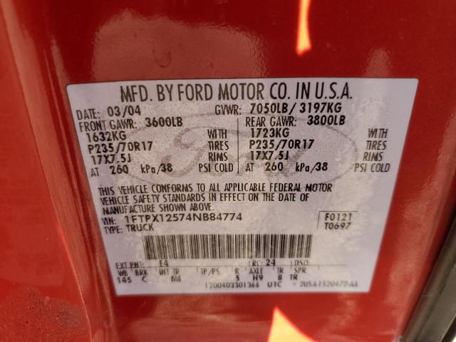 1FTPX12574NB84774 - 2004 FORD F150 RED photo 12