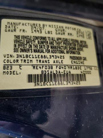 3N1BC11E88L393425 - 2008 NISSAN VERSA S BLUE photo 12