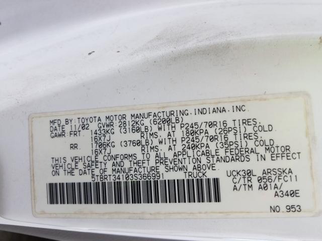 5TBRT34103S366991 - 2003 TOYOTA TUNDRA ACCESS CAB SR5  photo 10