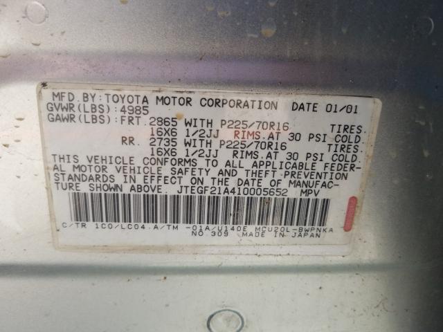 JTEGF21A410005652 - 2001 TOYOTA HIGHLANDER  photo 10