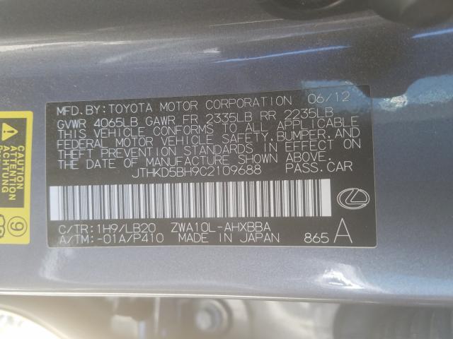 JTHKD5BH9C2109688 - 2012 LEXUS CT 200  photo 10