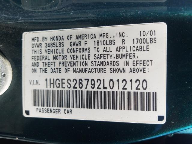 1HGES26792L012120 - 2002 HONDA CIVIC EX  photo 10