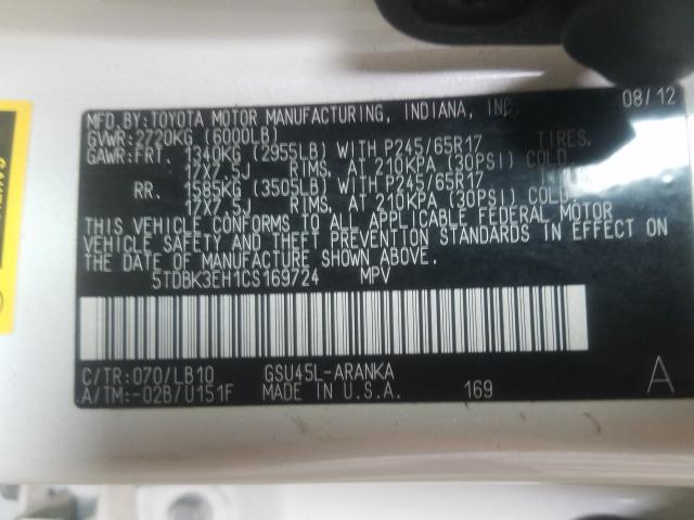 5TDBK3EH1CS169724 - 2012 TOYOTA HIGHLANDER BASE  صورة 10