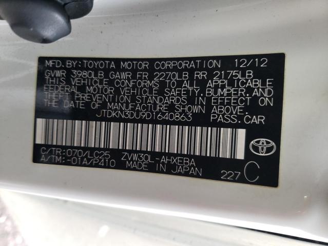 JTDKN3DU9D1640863 - 2013 TOYOTA PRIUS WHITE photo 12