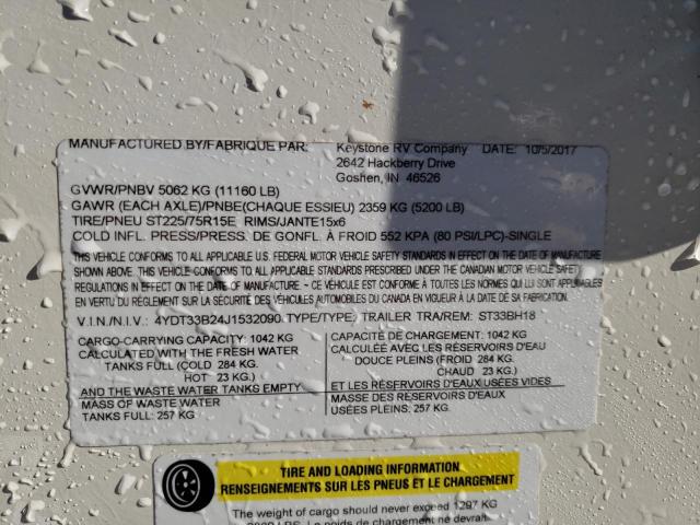 4YDT33B24J1532090 - 2018 KEYSTONE SPRINTER WHITE photo 10
