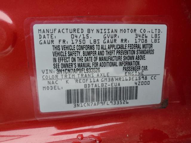 3N1CN7AP9FL933526 - 2015 NISSAN VERSA S RED photo 12