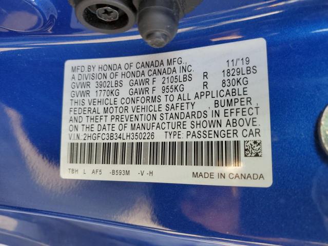 2HGFC3B34LH350226 - 2020 HONDA CIVIC EX BLUE photo 12