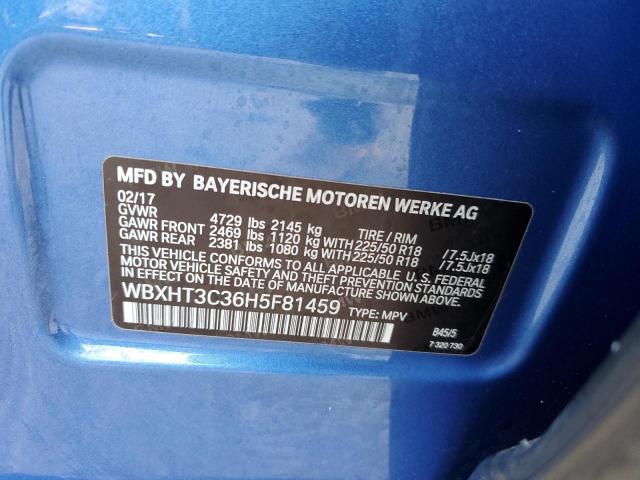 WBXHT3C36H5F81459 - 2017 BMW X1 XDRIVE28I BLUE photo 12
