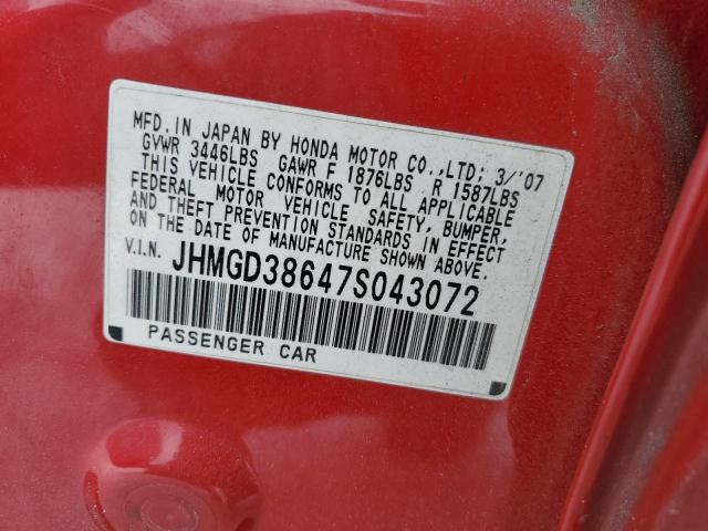 JHMGD38647S043072 - 2007 HONDA FIT S RED photo 12