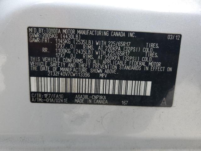 2T3ZF4DV7CW113396 - 2012 TOYOTA RAV4 SILVER photo 13