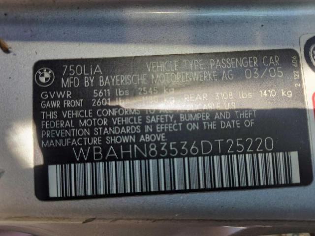 WBAHN83536DT25220 - 2006 BMW 750 LI SILVER photo 10