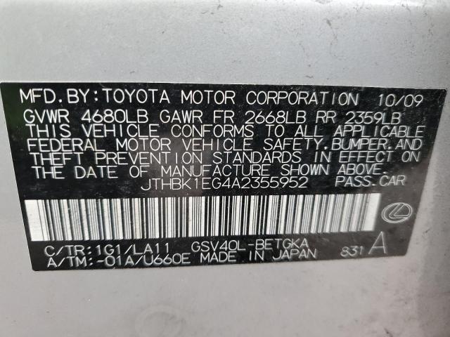 JTHBK1EG4A2355952 - 2010 LEXUS ES 350 SILVER photo 12